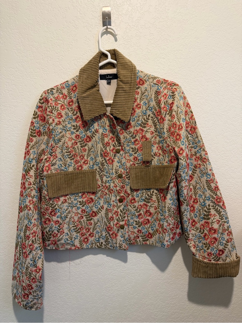 Lulu's Floral Embroidered Cropped Jacket in Beige and Olive